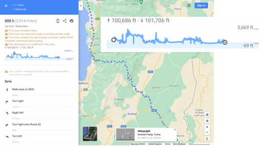 Map showing the height profile of a journey from Syria to Edinburgh