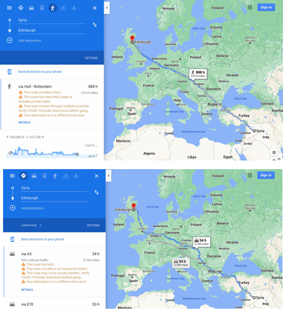 Map of example routes from Syria to Edinburgh