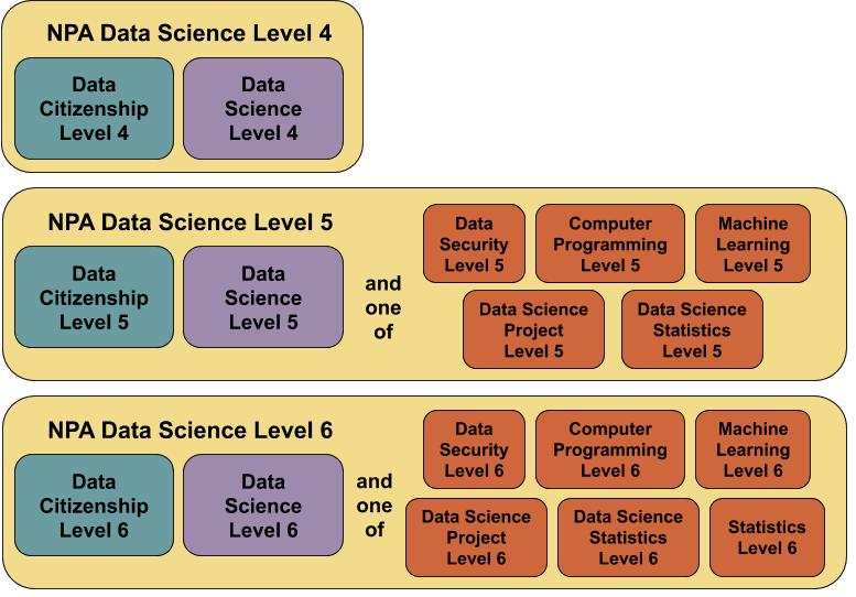 A graph showing the core and optional units in the NPA at each level. NPA level 4 has Data Citizenship level 4 and Data Science level 4 core units. NPA level 5 has Data Citizenship level 5 and Data Science level 5 core units and optional units of Data Security level 5, Computer Programming level 5, Machine Learning level 5, Data Science Project level 5 and Data Science Statistics level 5. NPA level 6 has Data Citizenship level 6 and Data Science level 6 core units and optional units of Data Security level 6, Computer Programming level 6, Machine Learning level 6, Data Science Project level 6, Data Science Statistics level 6 and Statistics level 6.
