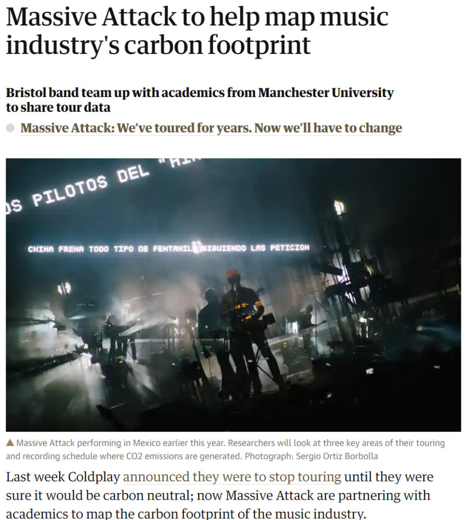 Decorative image of a news post with the title 'Massive Attack to help map music industry's carbon footprint'