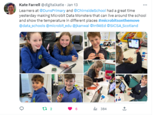 Image of Tweet showing learners interacting with Micro:bits