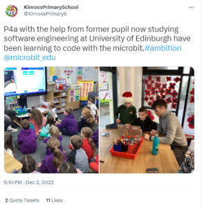 Image of Tweet showing learners interacting with Micro:bits