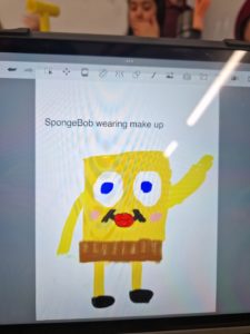 Child's drawing of SpongeBob wearing make up