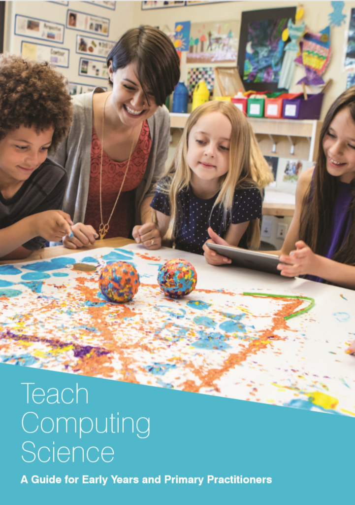 Cover for the Teach CS Guide. The image on the cover shows four learners and a teacher playing with paint-covered round Sphero ball robots. They are siting at a table covered with white paper and the sphero bots are trailing paint across the paper in triangular shapes