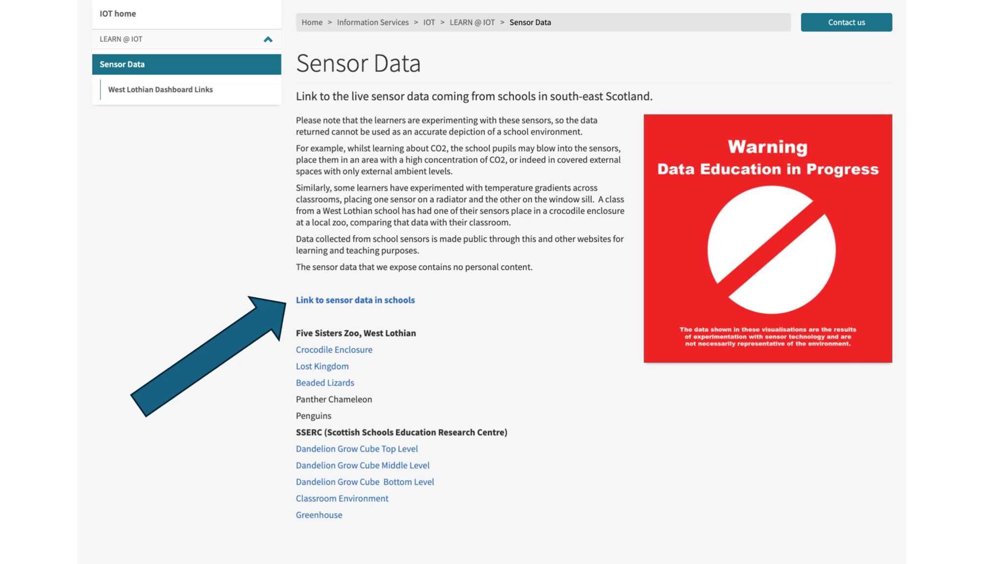 Sensor data web page with school region selector