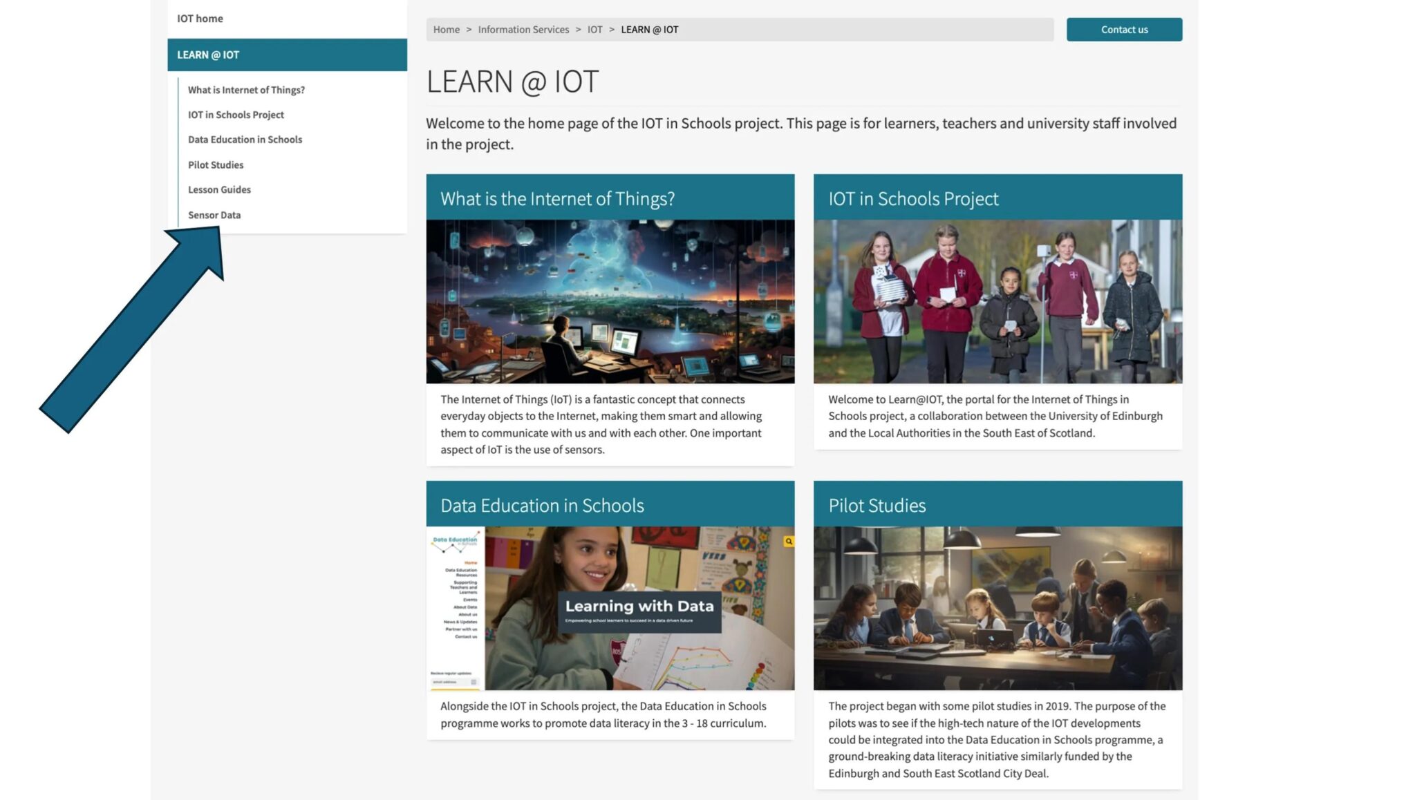 learn.iot.ed.ac.uk website homepage showing Sensor Data link