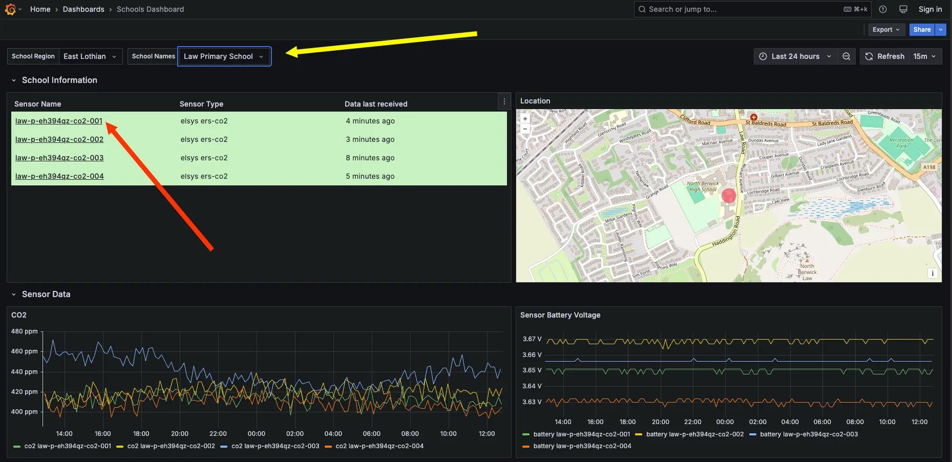 Grafana school dashboard showing sensor list